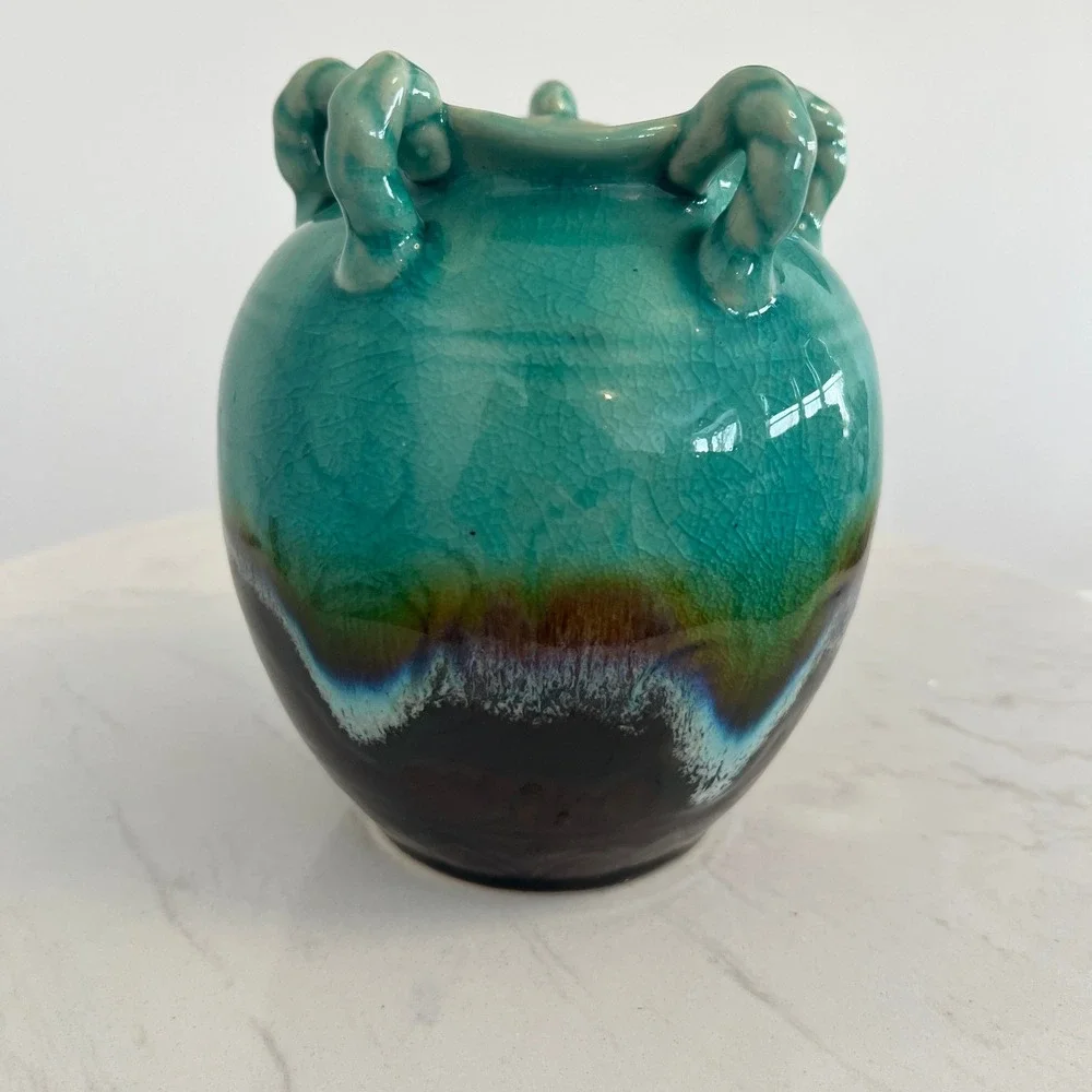 Handcrafted Ceramic Vase‎ Turquoise Glaze Handles Made in Vietnam Home Decore